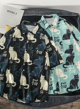 日系宽松chic猫咪图案印花短袖衬衫男韩版潮流抖音网红半袖外套