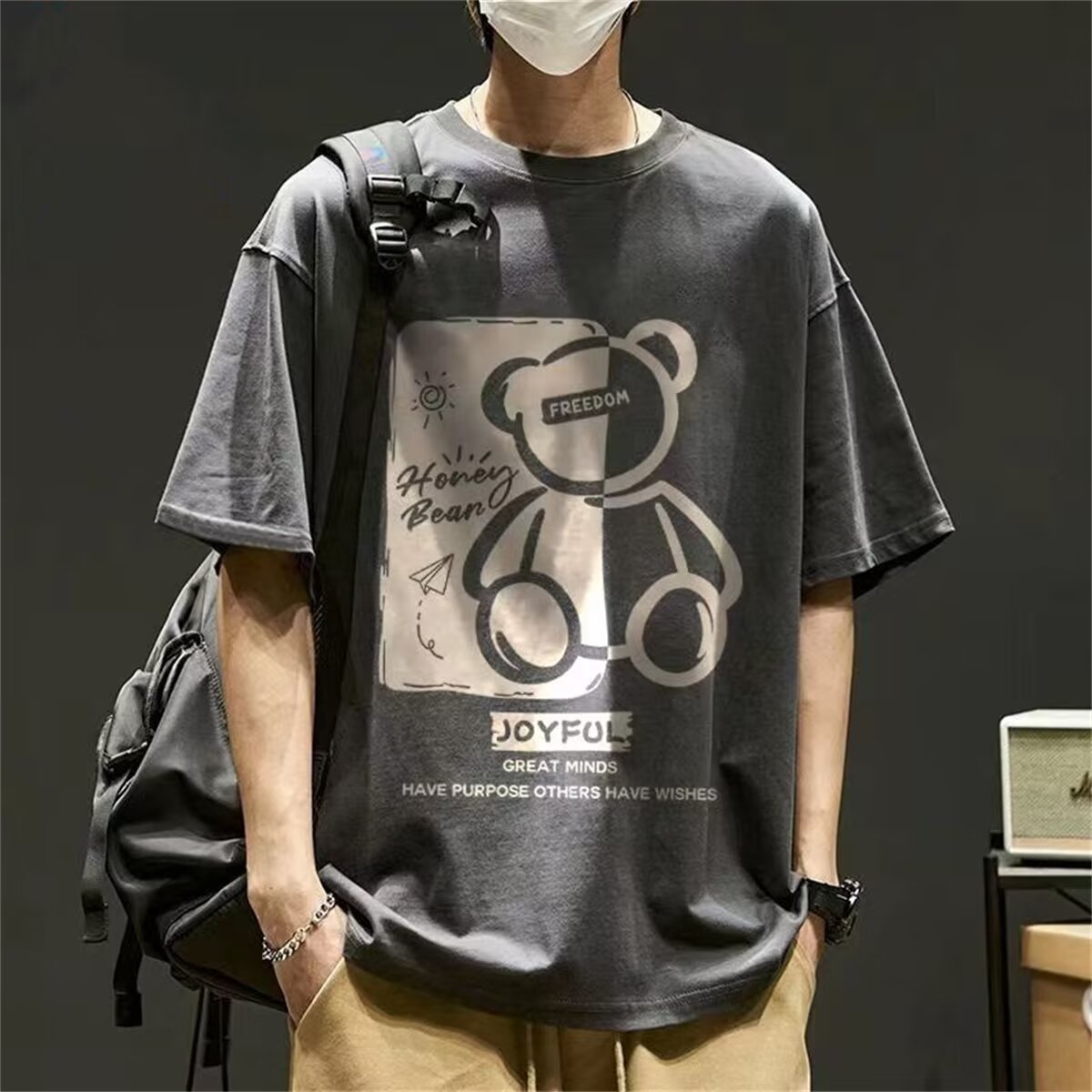HKADIDASTY男装t恤小熊短袖男2024年新款夏季灰色ins潮流学生男款