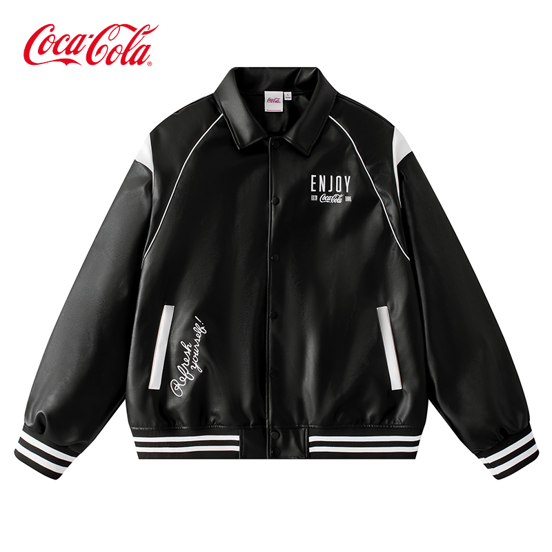 Coca-Cola/可口可乐 PU皮衣外套男2024春季新款字母刺绣夹克男装