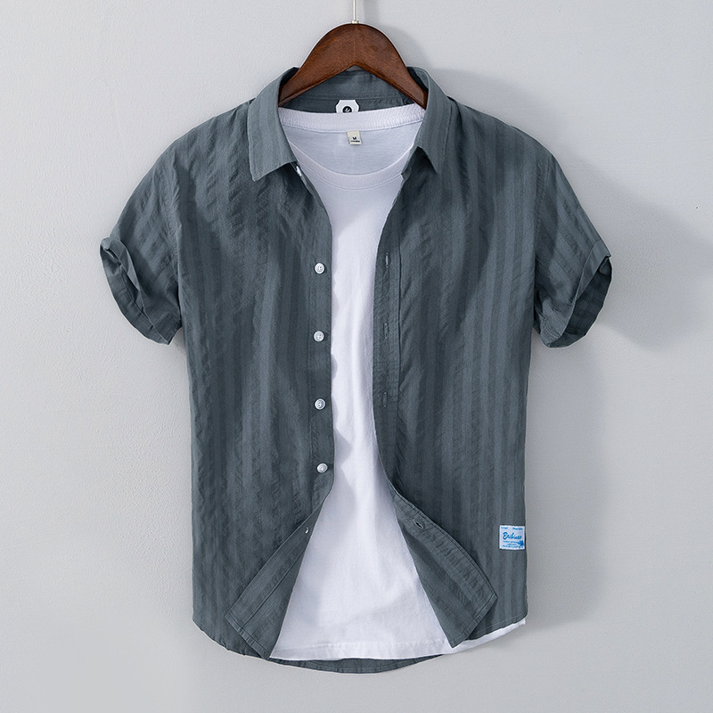 1609舒适百搭新款夏季棉质短袖衬衫男士休闲半袖开衫纯色衬衣男装