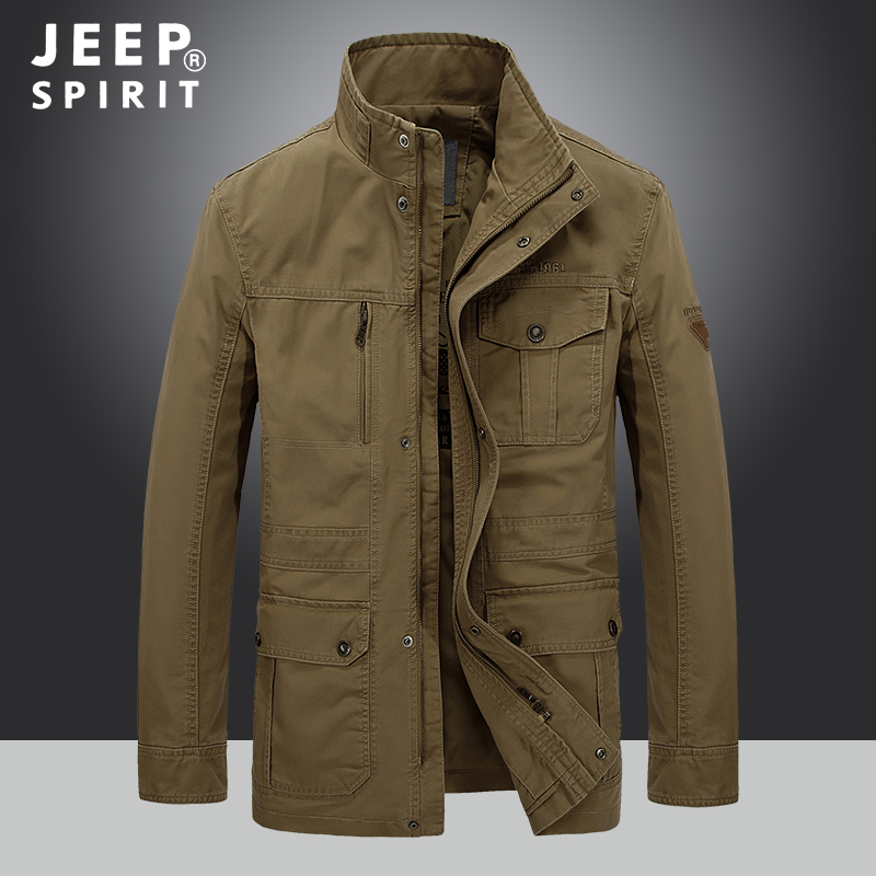 Jeep吉普工装外套男春秋款中年爸爸装水洗纯棉商务休闲立领夹克衫