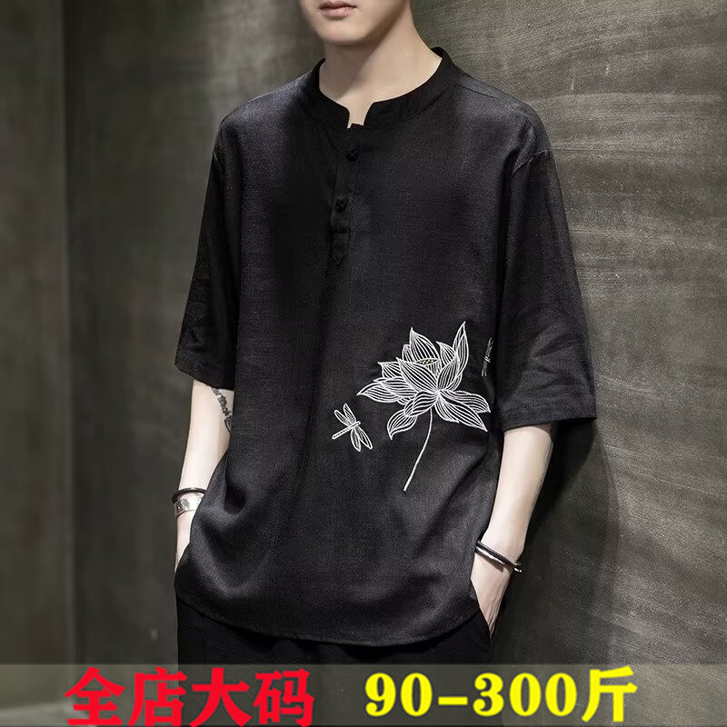 亚麻t恤男夏季中国风男装大码刺绣短袖衣服中式男士夏装半袖上衣