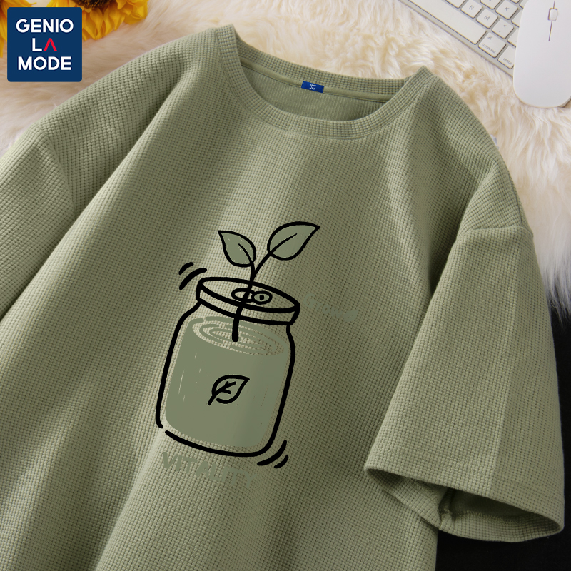 Genio Lamode华夫格男t恤夏季2024新款棕榈绿植物印花青少年短袖