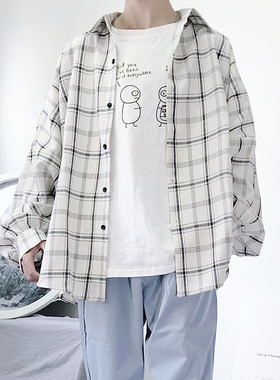 男友的猫2020秋季新款韩版文艺小清新格子衬衫长袖港风bf宽袖衬衣