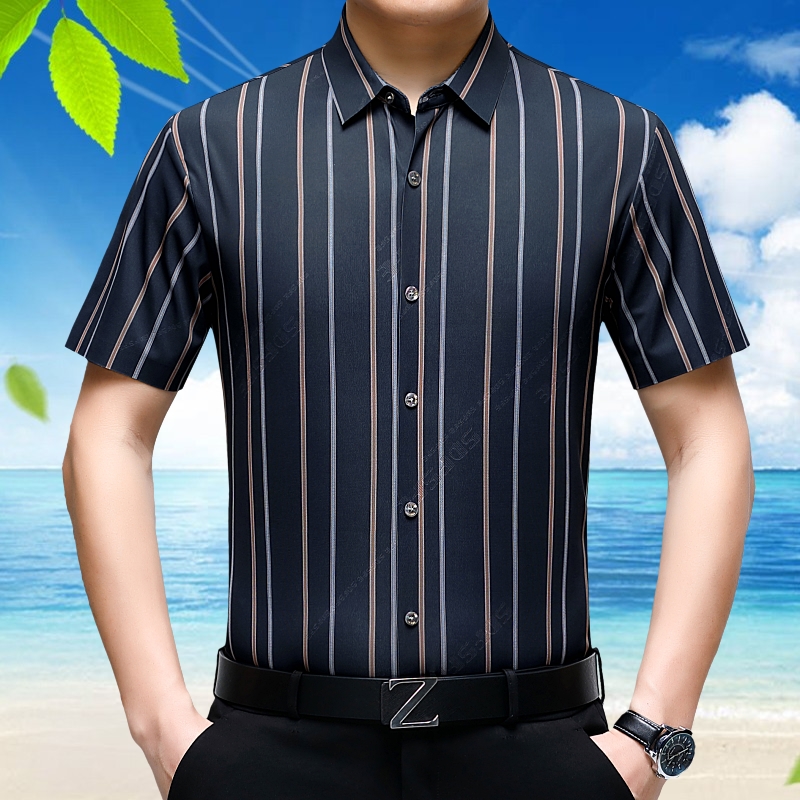 品牌短袖衬衫男夏季中年桑蚕丝商务无痕免烫竖纹休闲大码冰丝衬衣