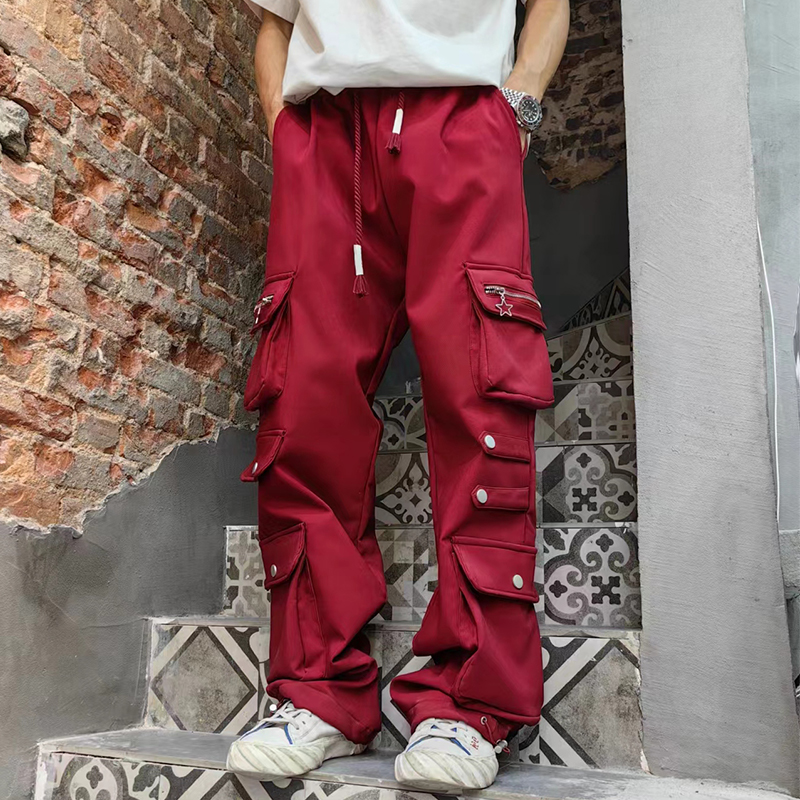 裤子男小众设计感直筒裤春秋季2024新款潮牌男女同款红色工装裤子