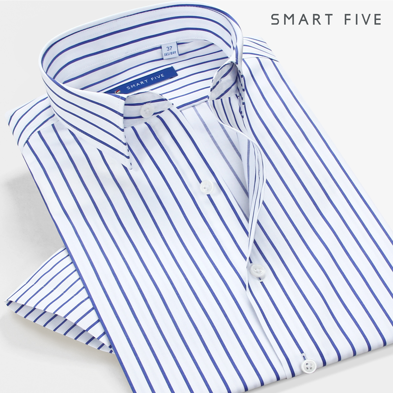 第五季商务正装男短袖蓝白条纹衬衫修身纯棉免烫日系通勤衬衣夏季