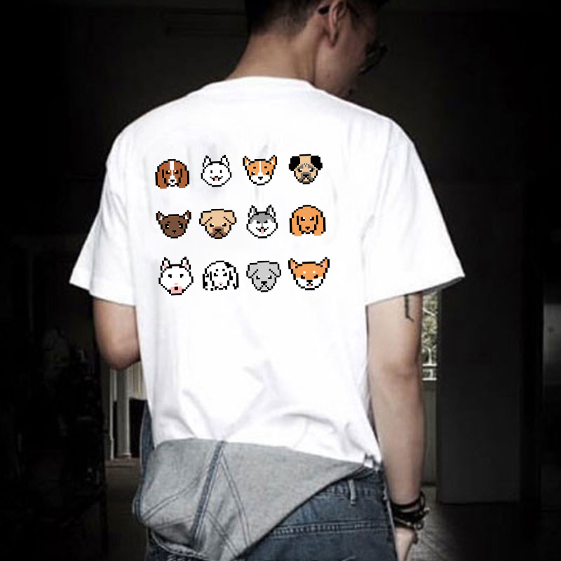 日系白色卡通狗狗短袖T恤男夏季潮牌潮流纯棉宽松大码半袖体恤衫
