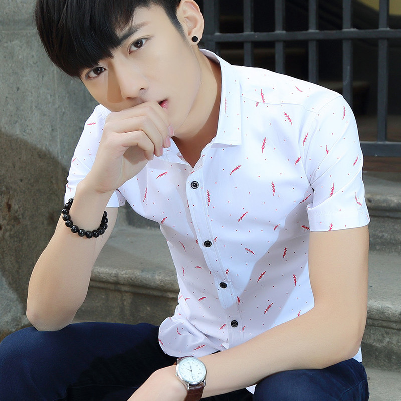 衬衫男短袖修身韩版潮流男装青少年学生休闲夏季薄款个性印花衬衣