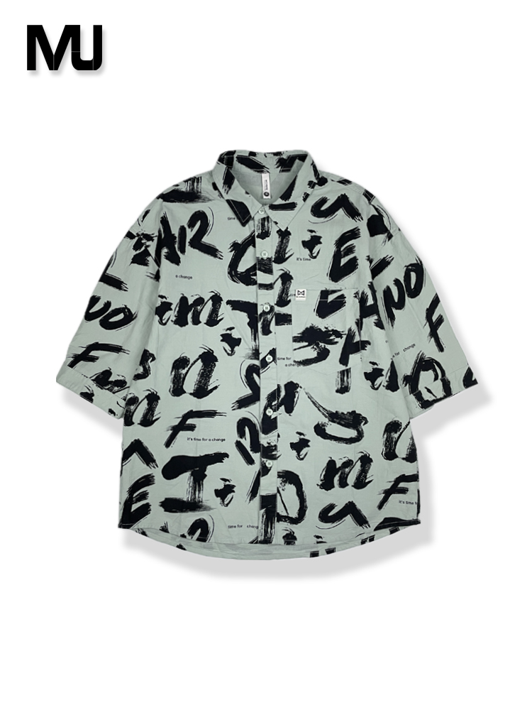 美式潮牌短袖衬衫男夏季宽松上衣沙滩夏威夷个性涂鸦字母印花衬衣