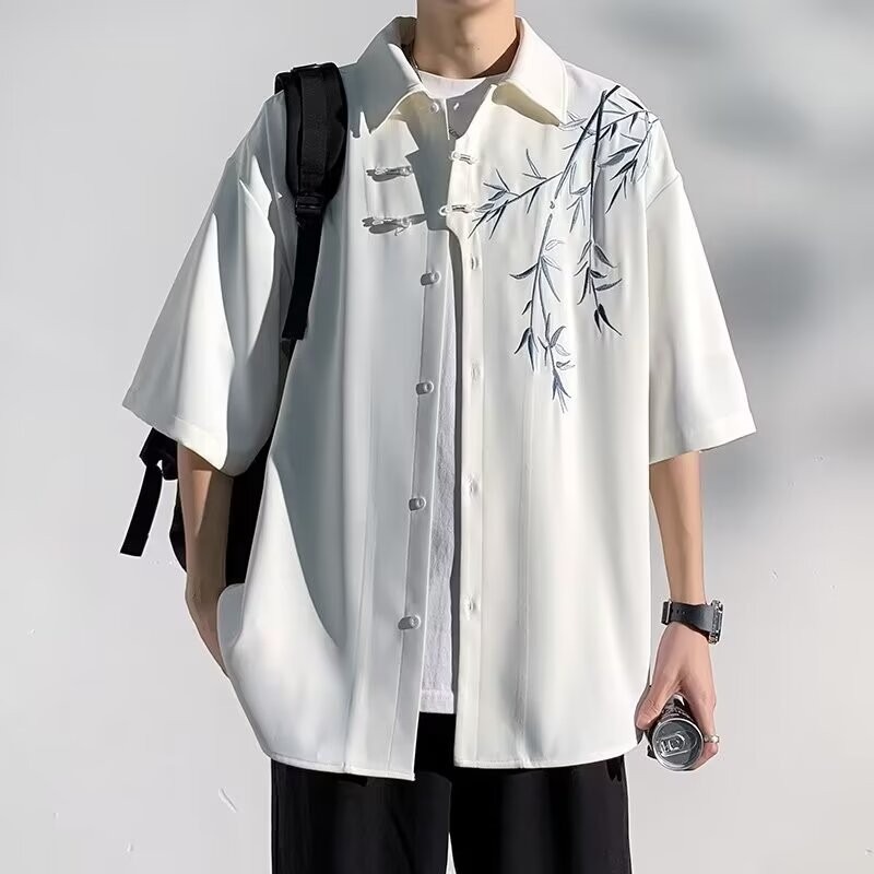夏季新中式国风刺绣衬衫短袖男士宽松高级感半袖冰丝醋酸薄款上衣