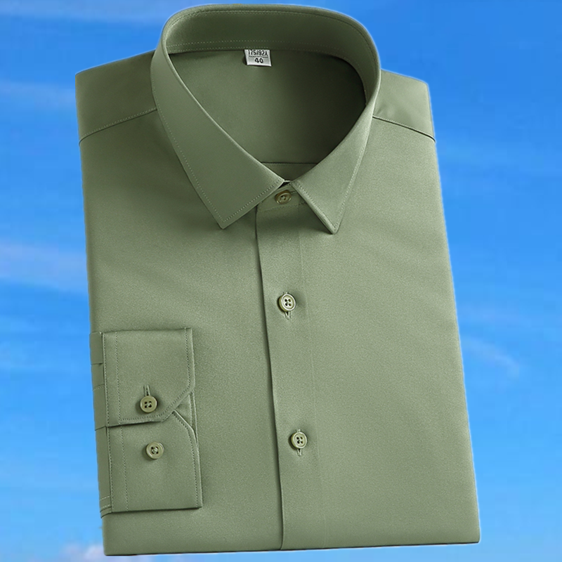 军人绿色高级感弹力垂顺衬衫男长袖修身免烫丝滑抗皱商务正装休闲
