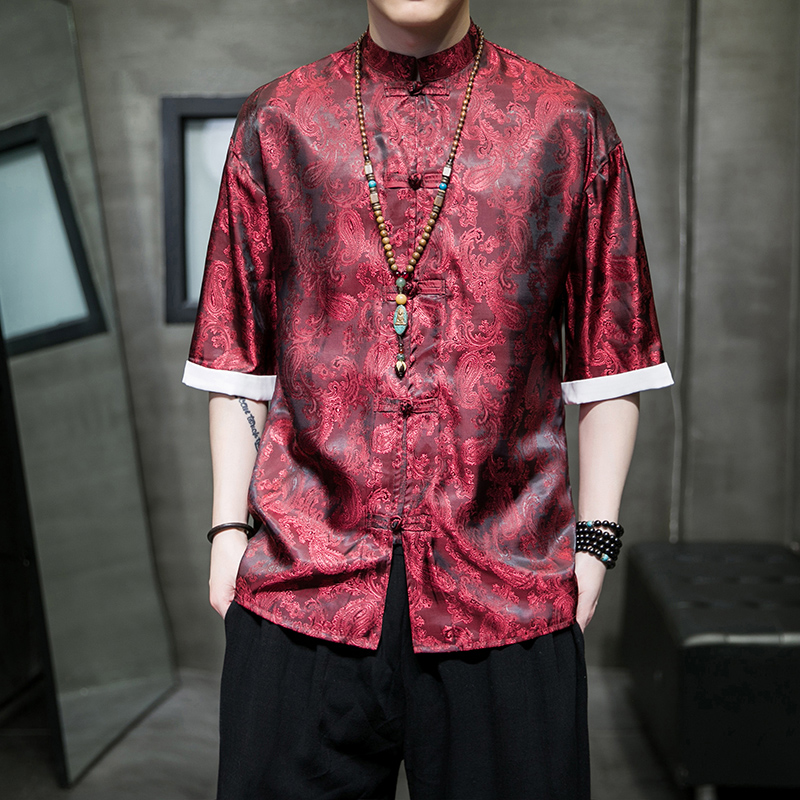 中国风冰丝衬衫男夏季外套中式复古唐装半袖薄款宽松汉服短袖衬衣