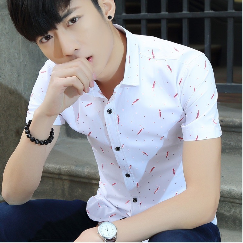 短袖衬衫男士夏季修身纯色青年半截半袖薄款修身韩版潮流衬衣
