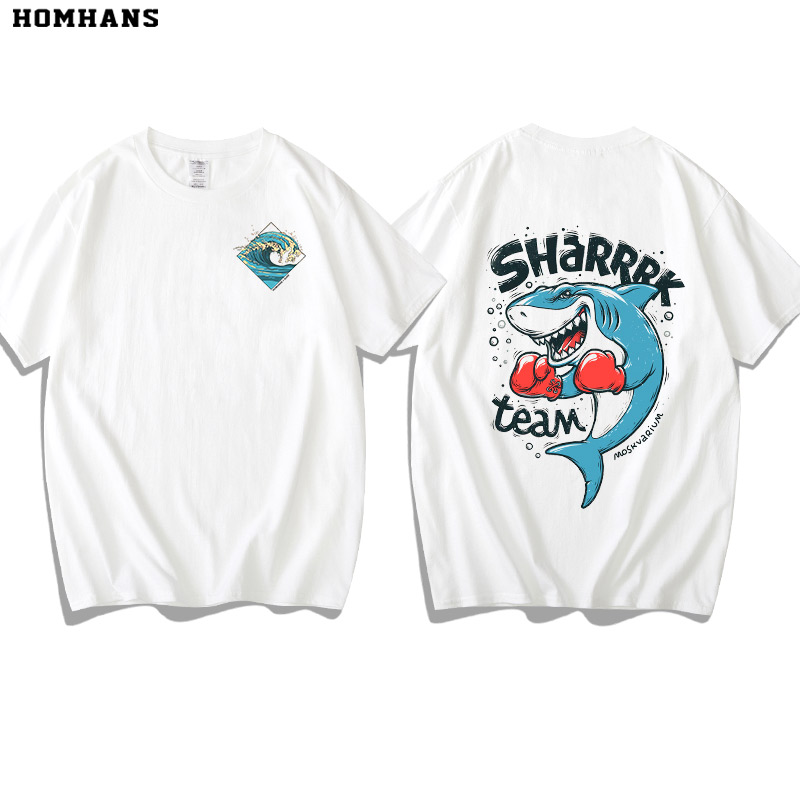 红韩新款短袖男士T恤夏季学生青年汗衫白色上衣韩版潮流拳击鲨鱼