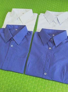 宽松夏季蓝色男士衬衫短袖修身女式衬衣方领青年男装上班工衣定制