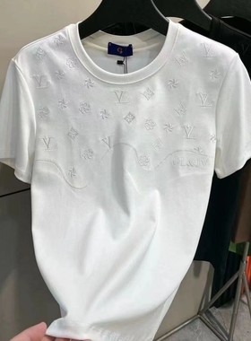高级感刺绣T恤短袖男夏季圆领休闲潮流2024新款潮牌时尚修身半袖