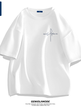 Genio Lamode美式短袖男夏季大码设计感字母白色简约纯棉正肩t恤