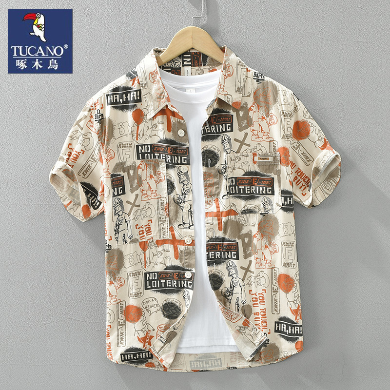 啄木鸟男士印花短袖衬衫日系休闲纯棉上衣夏季新款潮流半袖衬衣服
