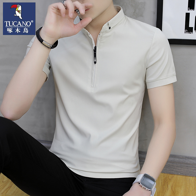 啄木鸟男士短袖t恤有领修身纯色polo衫夏季韩版立领半袖男上衣服