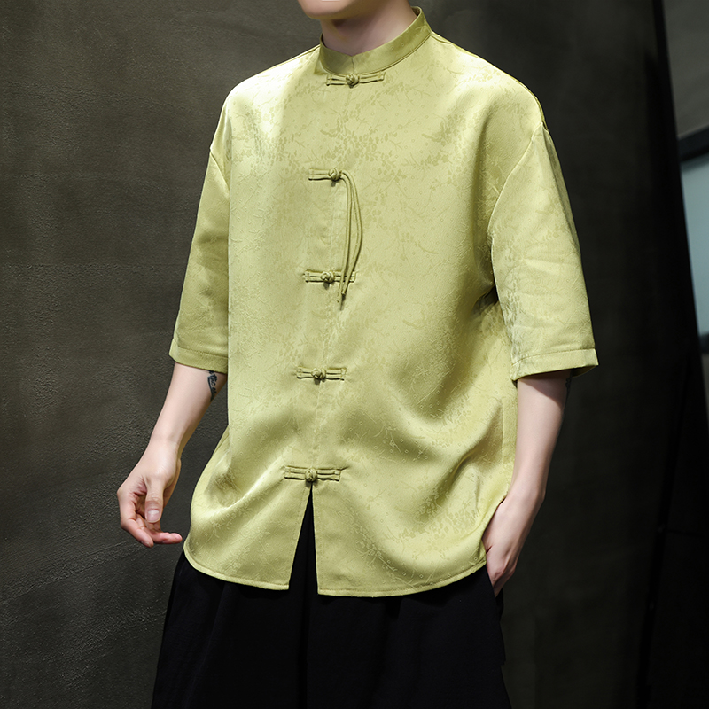 夏季薄款冰丝短袖衬衫中国风男装新中式盘扣唐装宽松大码中袖衬衣