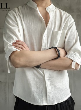 日系短袖衬衫男士宽松薄款夏季中国风男装棉麻长袖衬衣外套透气潮