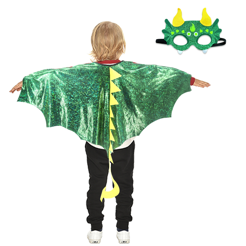 万圣节小恐龙装扮翅膀面具服饰套装亮闪绿色蓝色走秀儿童男孩披肩