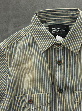 阿美咔叽英国做旧砂洗复古厚实粗犷牛仔潮男装修身长袖条纹衬衫