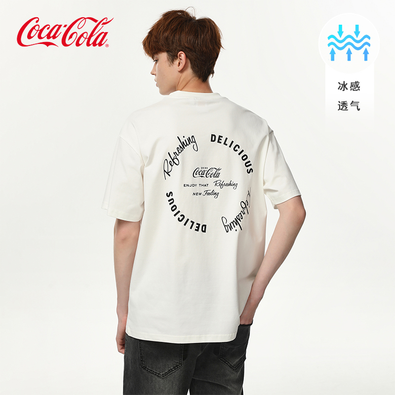 Coca-Cola/可口可乐冰感短袖T恤男夏季白小t美式重磅透气速干半袖
