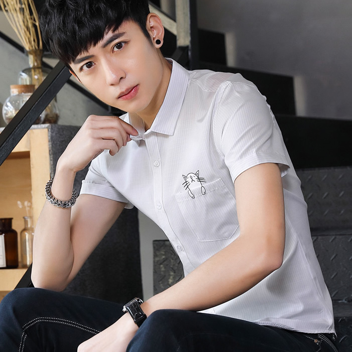 夏季青少年休闲口袋款半袖衬衫时尚短袖衬衣男装流行韩版修身寸衫