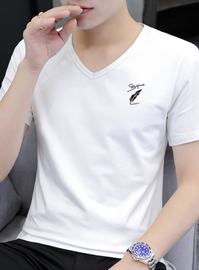 夏装男士t恤短袖纯棉单件上衣服半袖韩版潮流男装v鸡心领白色体恤