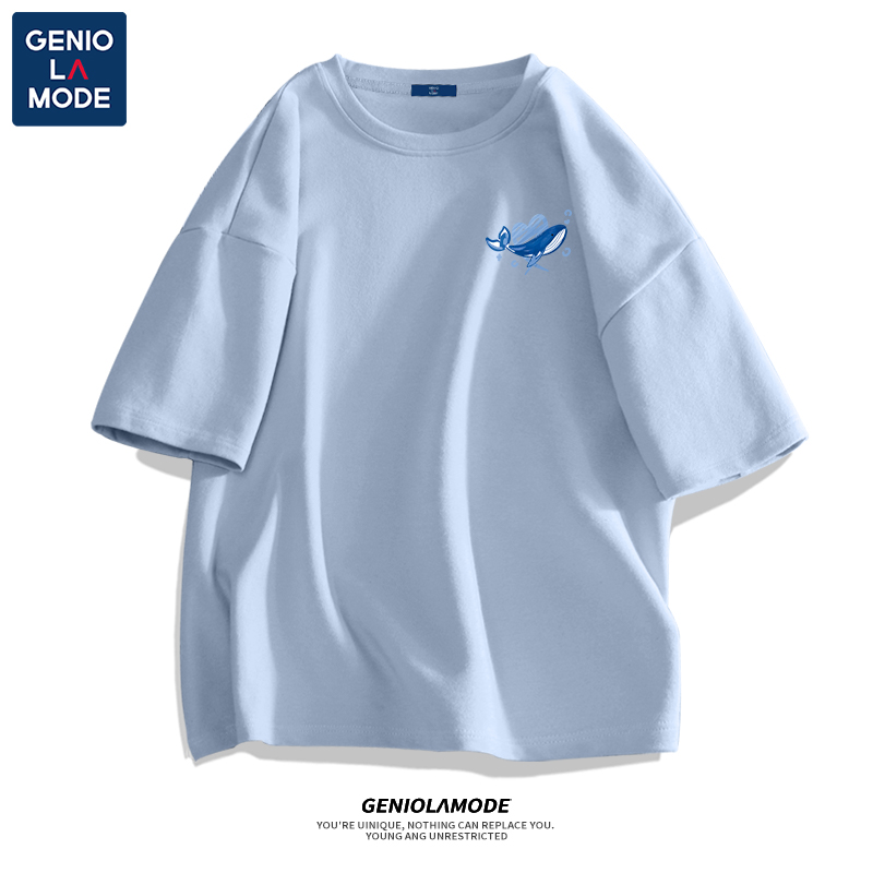 Genio Lamode短袖男设计感小众夏季重磅纯棉冰川蓝圆领男生t恤薄