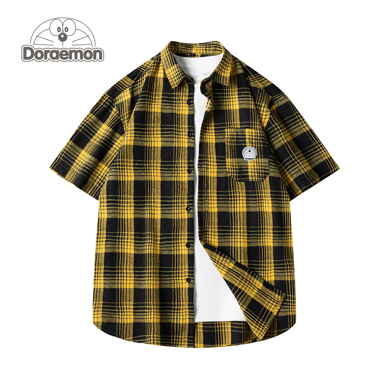 DORAEMON/哆啦A梦短袖格子衬衫男2024新款夏季日系高级感半截袖