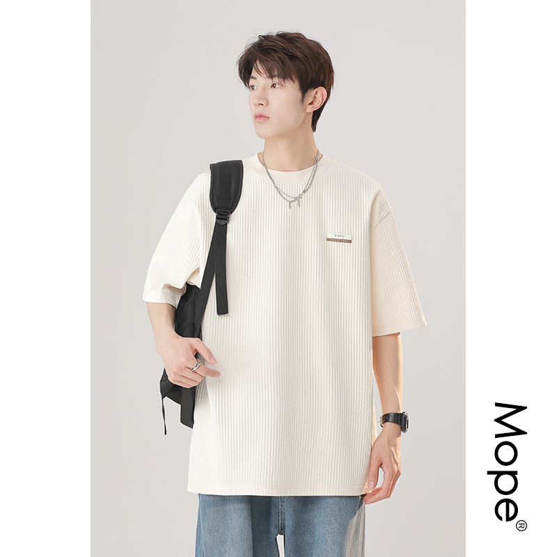 Mope 美式高街条纹t恤男夏季宽松立体冰丝竖条设计感情侣短袖衣服