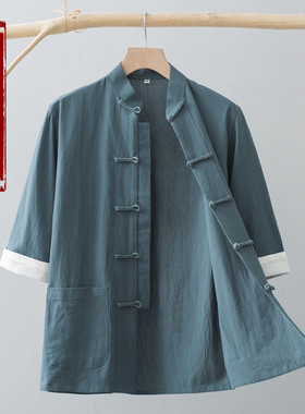 唐装男短袖夏季七分袖中式青年盘扣衬衫中国风棉麻复古半袖衬衣