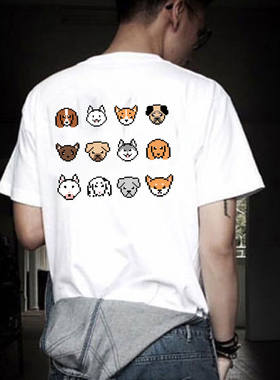 日系白色卡通狗狗短袖T恤男夏季潮牌潮流纯棉宽松大码半袖体恤衫