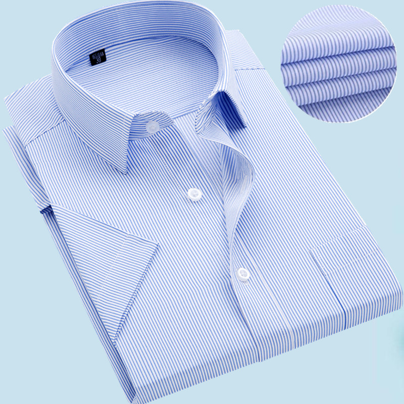 夏季短袖衬衫男青年蓝色细条纹商务休闲职业衬衣男半袖工作服大码