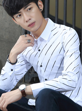 秋季男装休闲修身衬衣青少年流行时尚寸衫学生韩版新款长袖衬衫