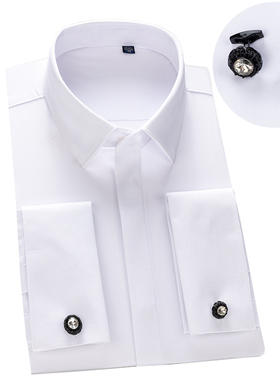 法式衬衫男长袖高级感袖扣双叠袖免烫寸正装结婚春季白色男士衬衣