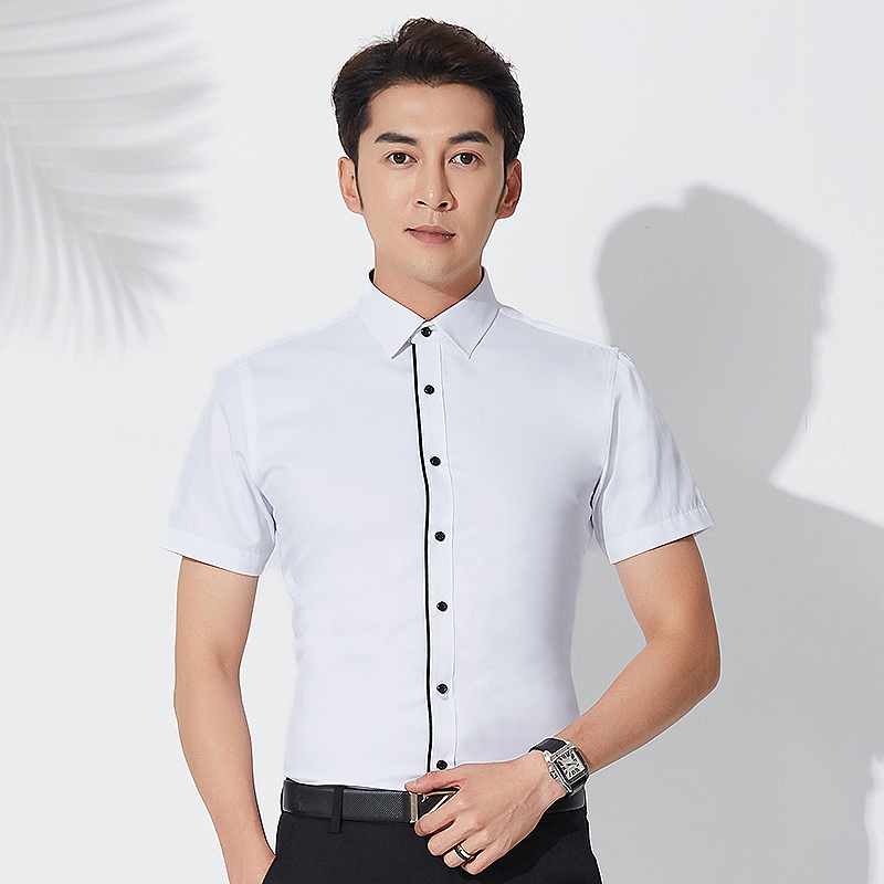 夏季薄款短袖白衬衫男青年商务休闲职业工装拼接内黑领白衬衣半袖