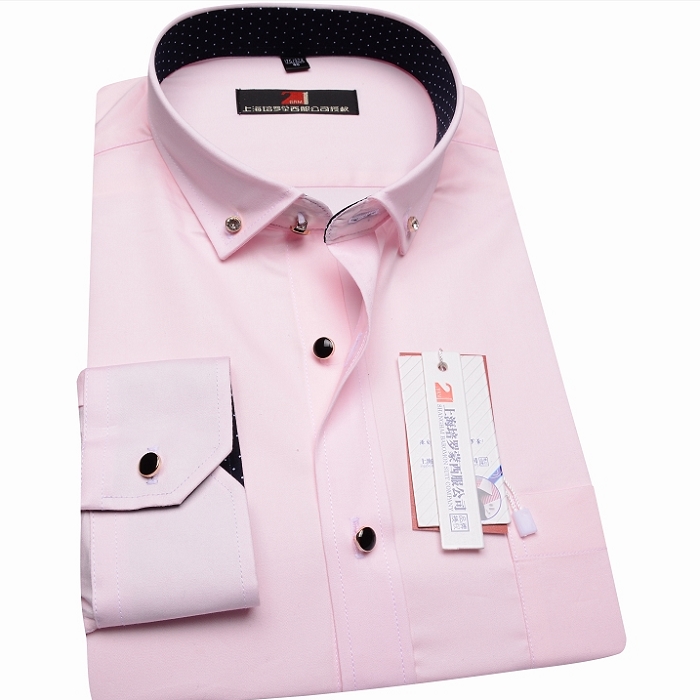 培罗蒙春季男装长袖衬衫粉色领扣新郎结婚韩版修身纯白色男士衬衣