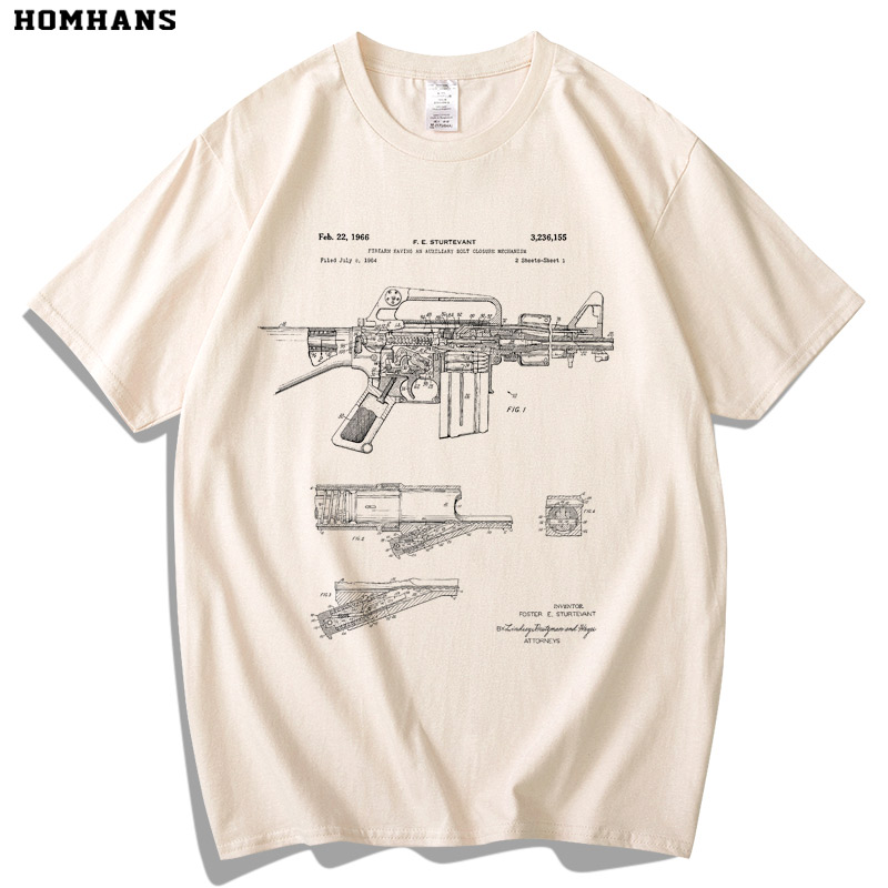 M16专利图线稿军事枪械图案印花短袖男士夏季t恤宽松上衣重磅纯棉