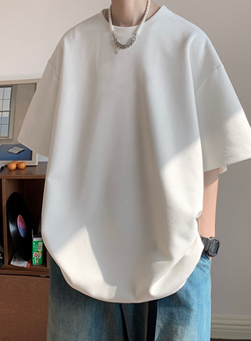 大码300斤美式复古麂皮绒短袖t恤男夏季潮牌宽松基础款五分袖体恤