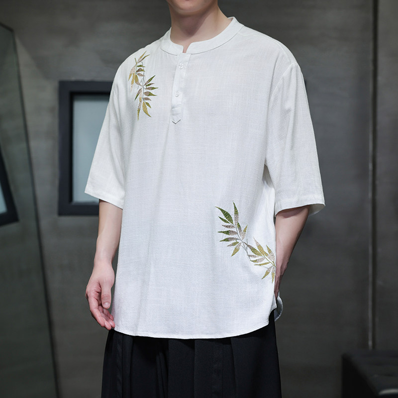 中国风t恤男短袖夏季潮牌复古亚麻唐装汉服竹子刺绣新中式上衣薄