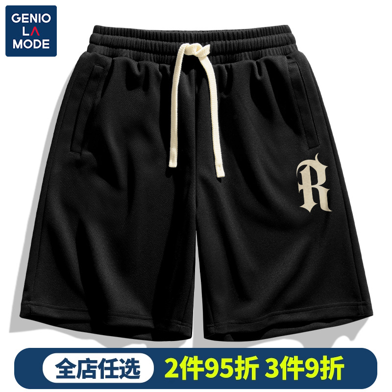 GENIOLAMODE黑色重磅短裤男夏季美式高街字母五分裤体育生运动裤