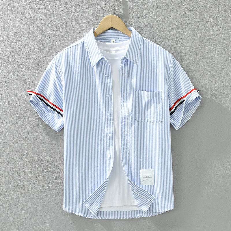 8055日系清新条纹短袖衬衫夏季男士休闲文艺宽松翻领上衣