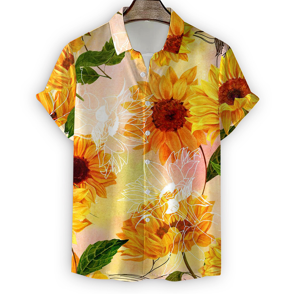 2023春夏季男士沙滩衬衫3D数码印花向日葵短袖上衣花朵休闲衬衣