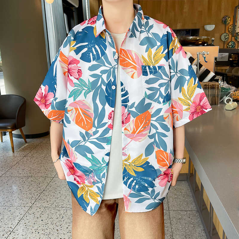 海边度假花衬衫男士短袖夏威夷情侣宽松夏季沙滩泰国五分半袖衬衣