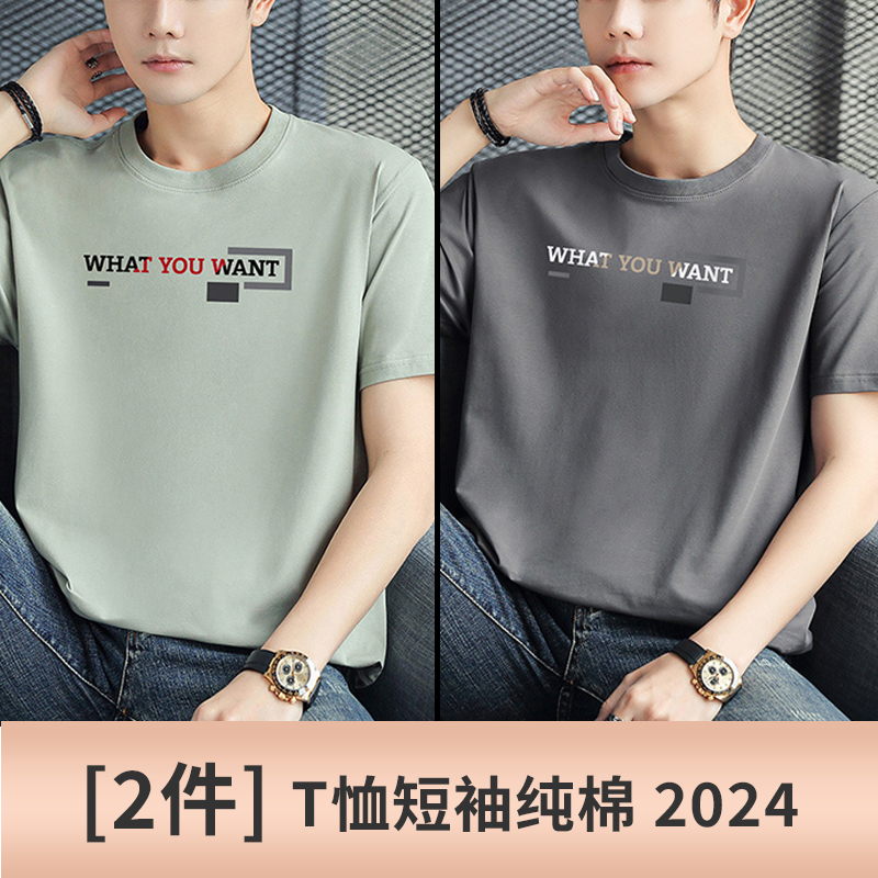 2件 t恤短袖男款纯棉2024夏季时尚圆领韩版薄款宽松印花潮流T恤