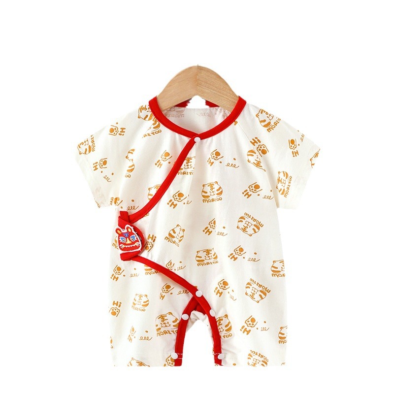 中国风婴儿连体衣夏季薄款纯棉爬服盘扣汉服中式短袖哈衣外出服